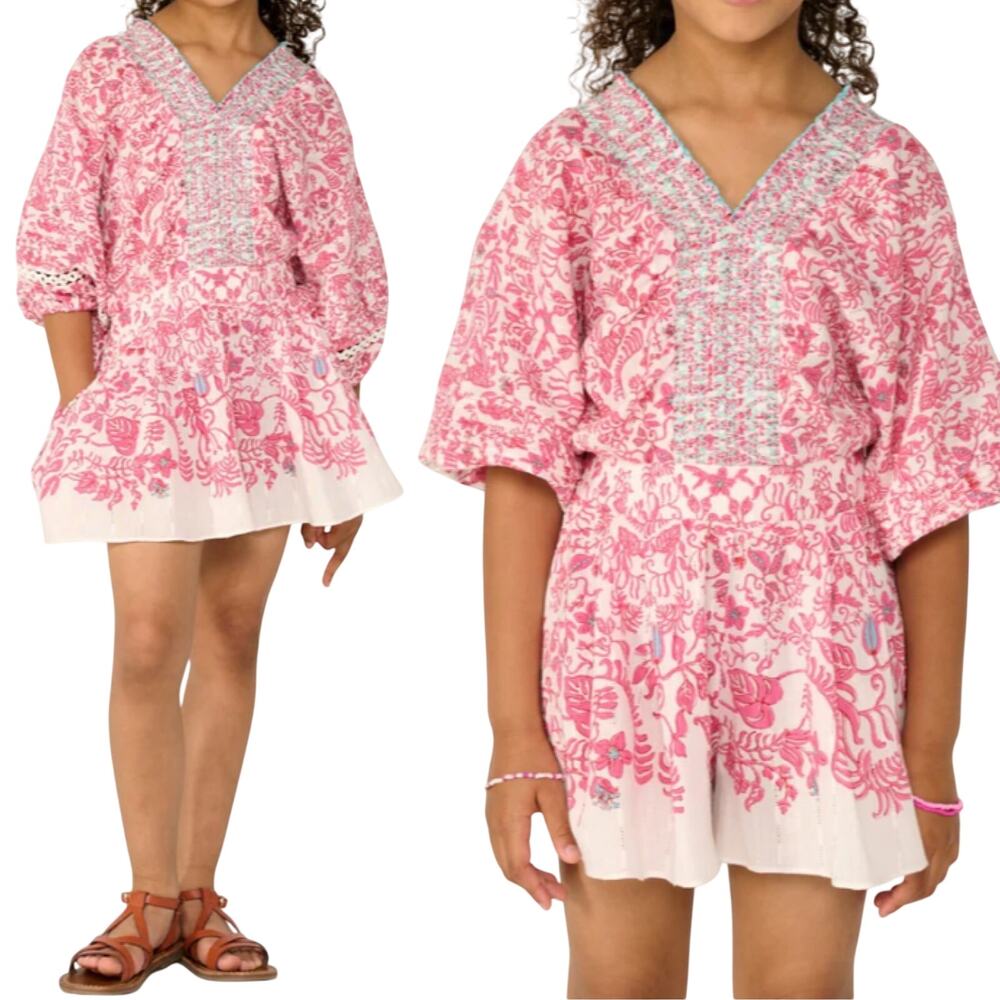 Poupette St Barth Chantal Short Jumpsuit Romper Cotton Floral Pink Tiare Girls 6